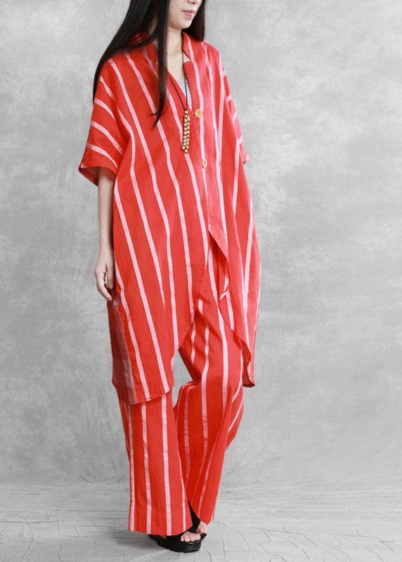 Women Red Striped Patchwork Fall Women Sets 2 Pieces Half Sleeve - Omychic