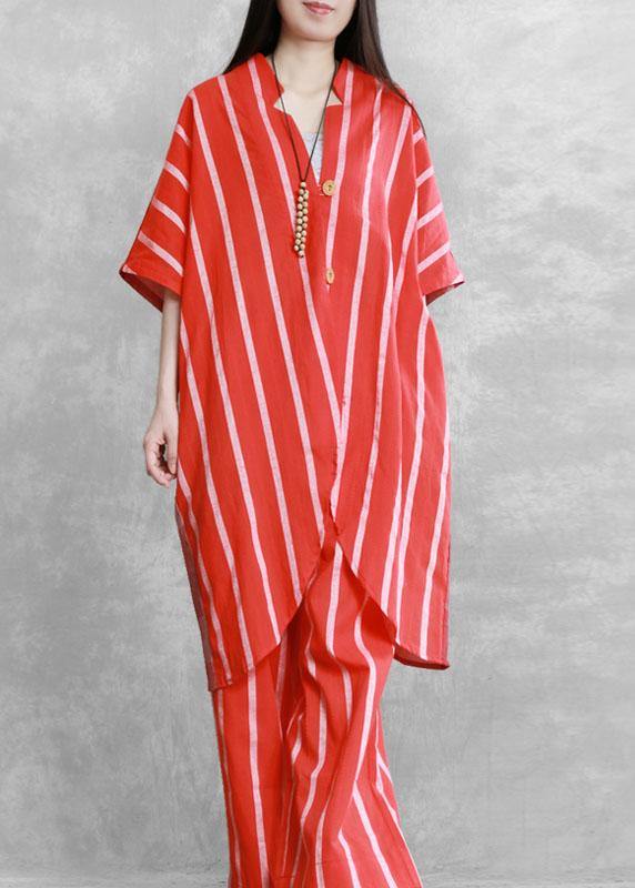 Women Red Striped Patchwork Fall Women Sets 2 Pieces Half Sleeve - Omychic