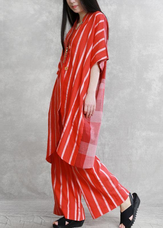 Women Red Striped Patchwork Fall Women Sets 2 Pieces Half Sleeve - Omychic