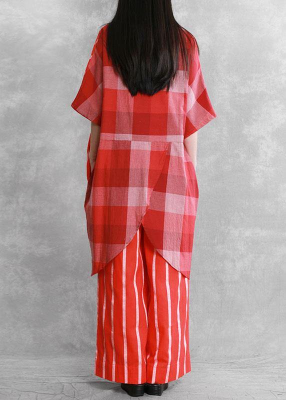 Women Red Striped Patchwork Fall Women Sets 2 Pieces Half Sleeve - Omychic