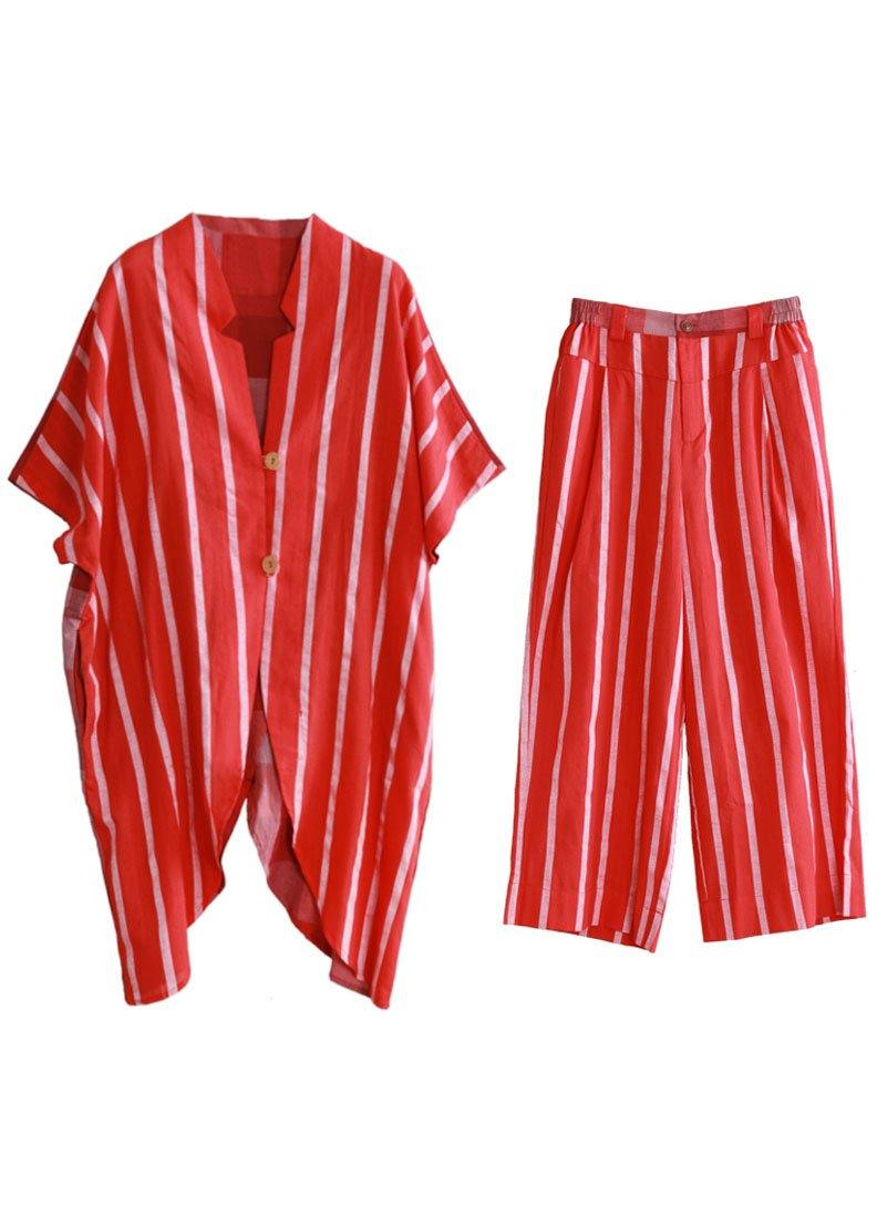 Women Red Striped Patchwork Fall Women Sets 2 Pieces Half Sleeve - Omychic