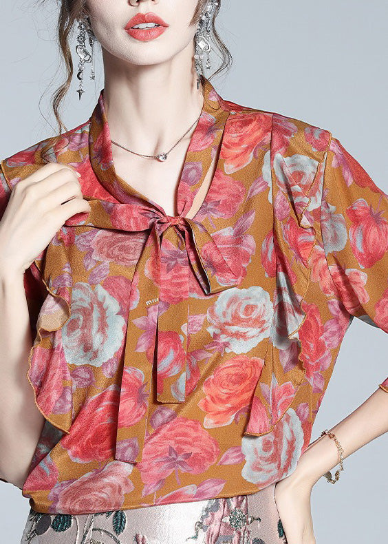 Women Red V Neck Print Bow Silk Shirt Half Sleeve