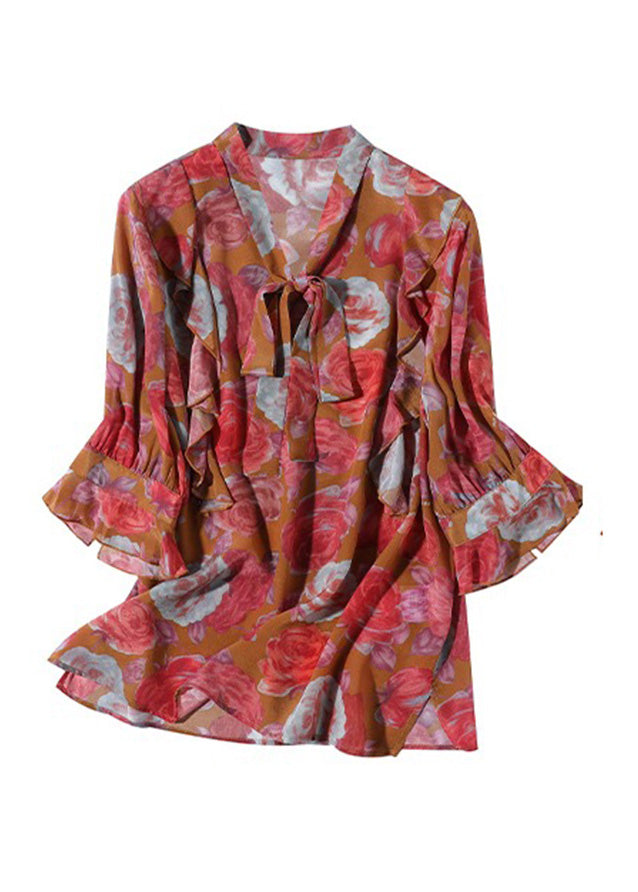 Women Red V Neck Print Bow Silk Shirt Half Sleeve
