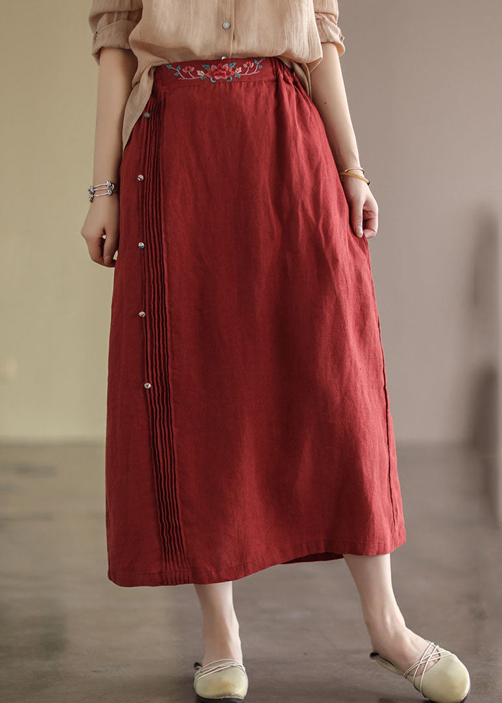 Women Red Wrinkled Embroideried Patchwork Cotton Skirts Summer