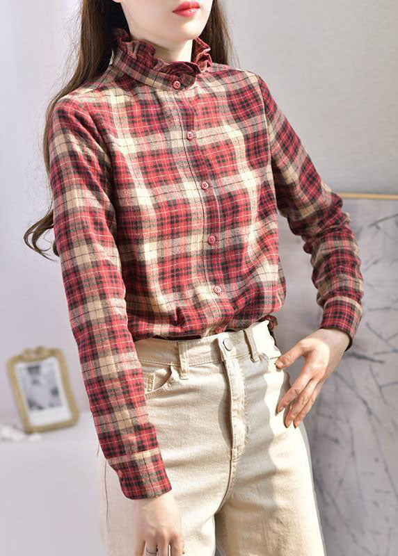 Women Red button Ruffled Stand Collar Plaid Shirt Spring