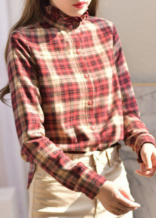 Women Red button Ruffled Stand Collar Plaid Shirt Spring