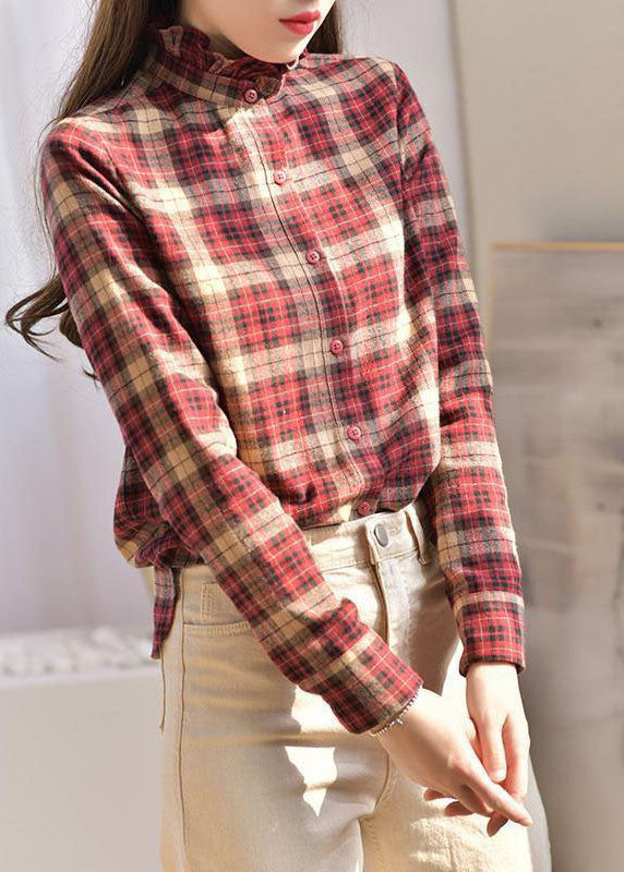 Women Red button Ruffled Stand Collar Plaid Shirt Spring