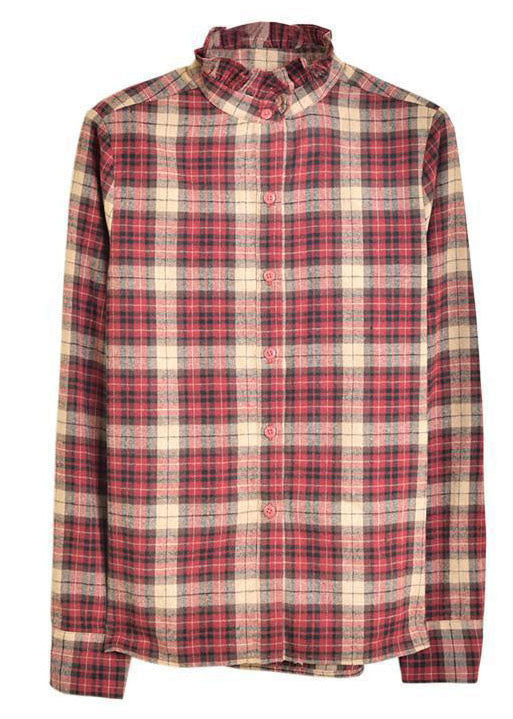 Women Red button Ruffled Stand Collar Plaid Shirt Spring