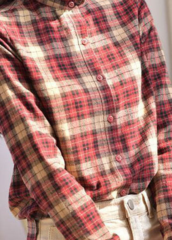 Women Red button Ruffled Stand Collar Plaid Shirt Spring