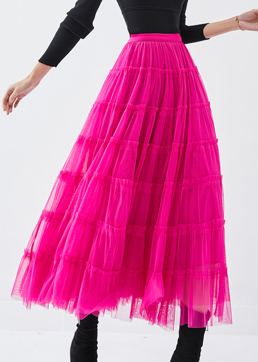 Women Rose Elastic Waist Tulle A Line Skirt Spring