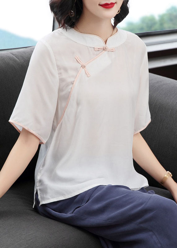 Women Rose O-Neck Oriental Button Solid Color Silk Shirt Top Short Sleeve