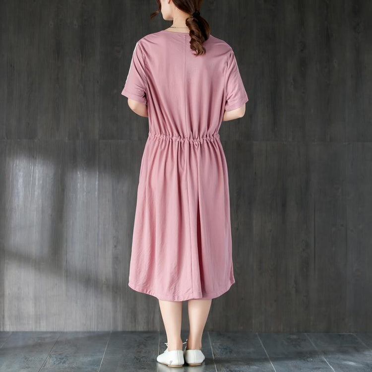 Women Round Neck Short Sleeve Lacing Pink Dress - Omychic
