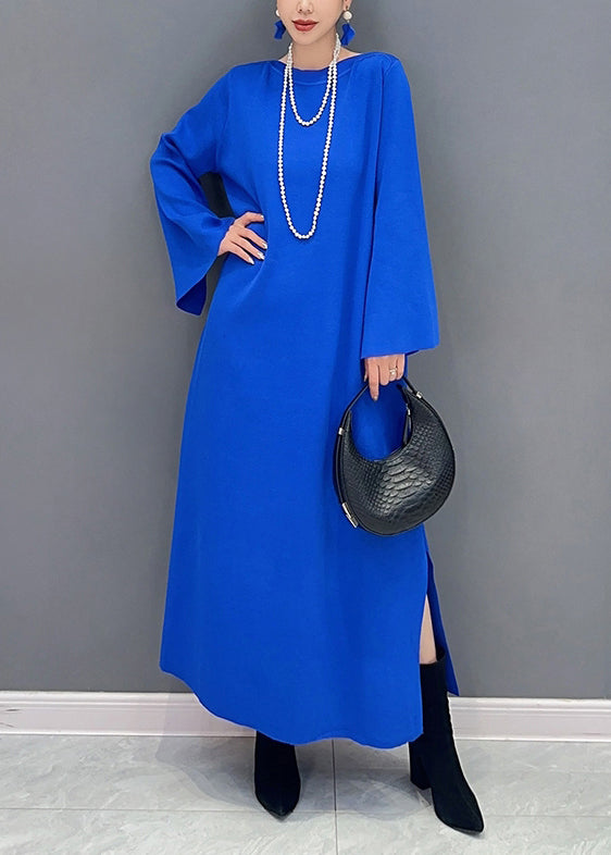 Women Royal Blue O Neck Side Open Cotton Long Dresses Flare Sleeve