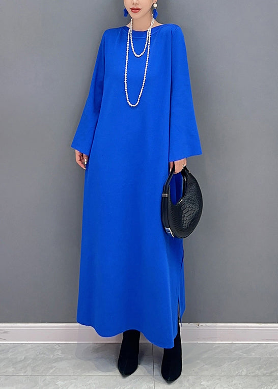 Women Royal Blue O Neck Side Open Cotton Long Dresses Flare Sleeve