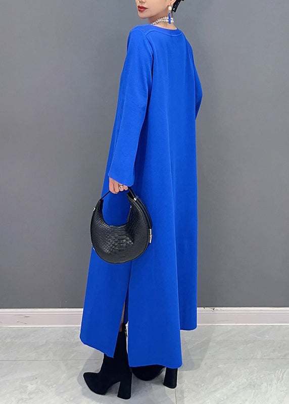Women Royal Blue O Neck Side Open Cotton Long Dresses Flare Sleeve