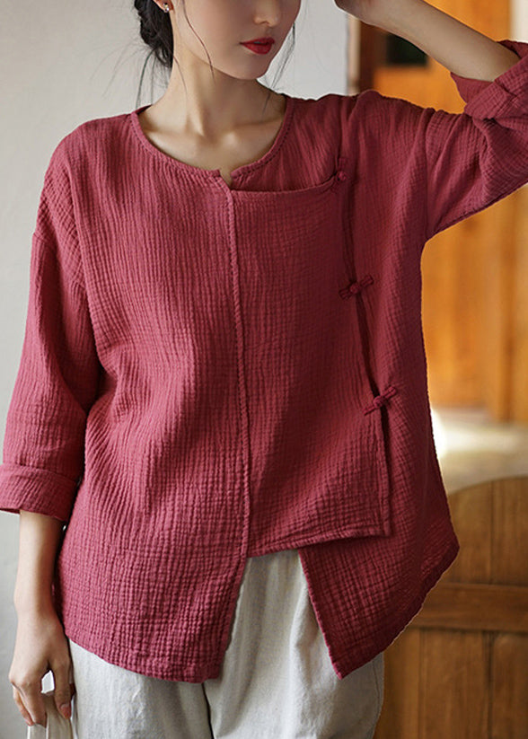 Women Rust Asymmetrical Button Patchwork Cotton Shirts Fall