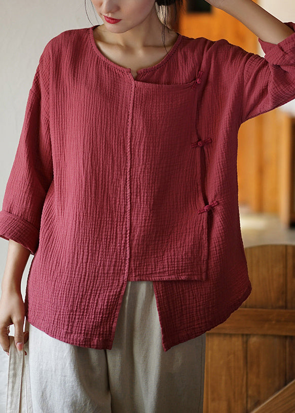 Women Rust Asymmetrical Button Patchwork Cotton Shirts Fall