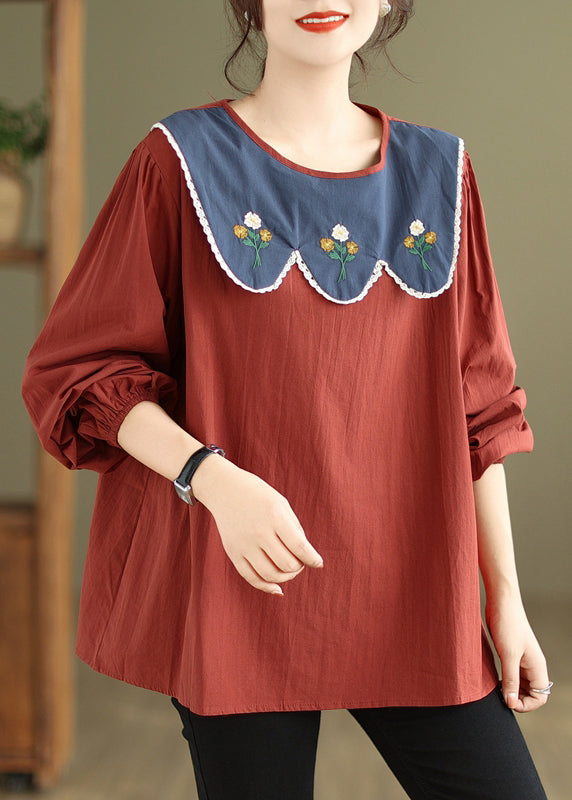 Women Rust Embroideried Patchwork Cotton Top Fall