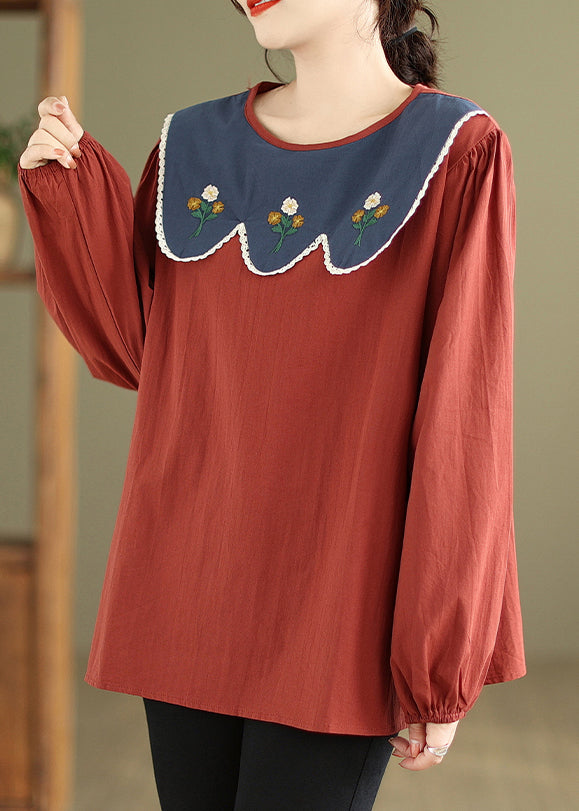 Women Rust Embroideried Patchwork Cotton Top Fall