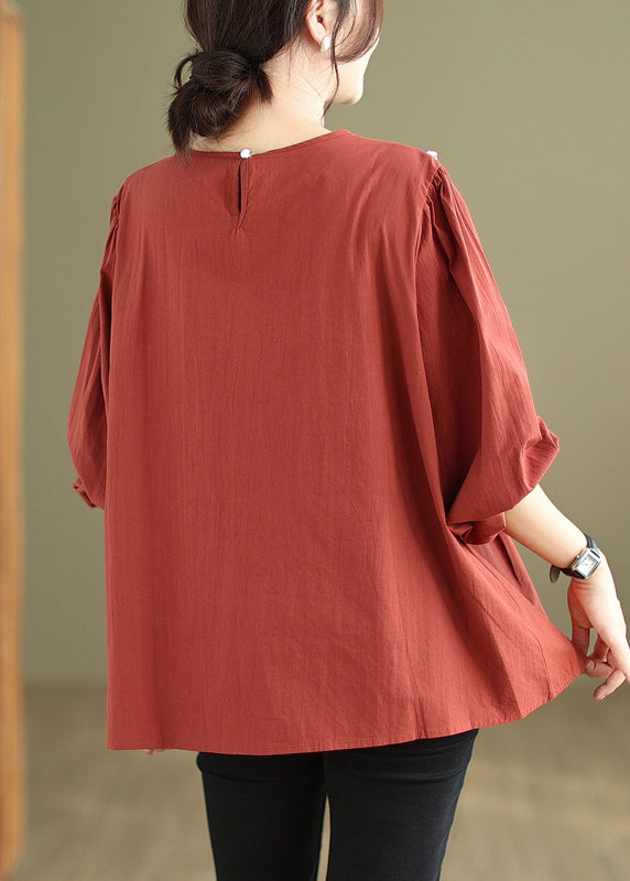 Women Rust Embroideried Patchwork Cotton Top Fall