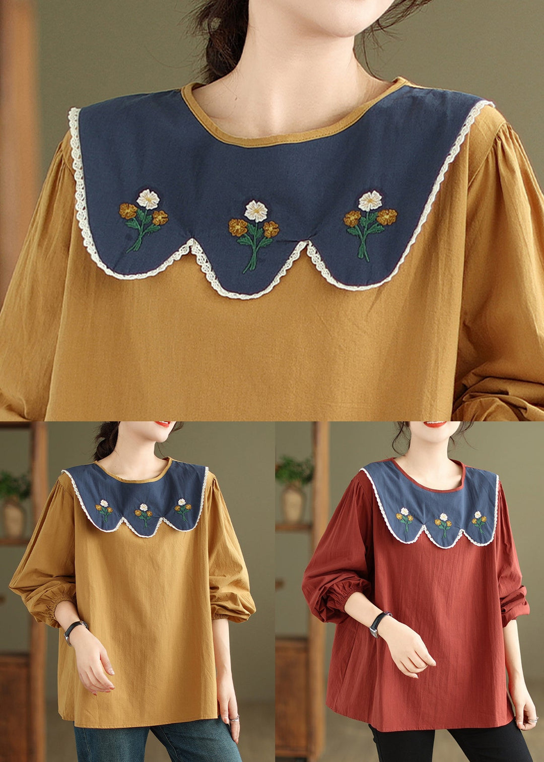 Women Rust Embroideried Patchwork Cotton Top Fall