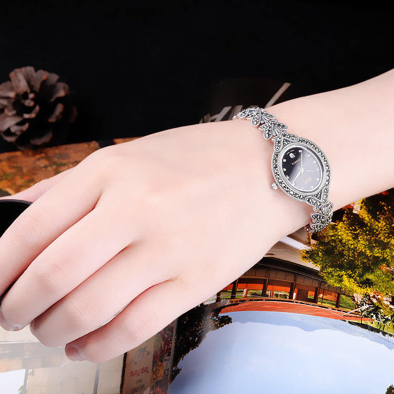 Women Silk Sterling Silver Inlaid Butterfly Tempered Glass Wrist Watch