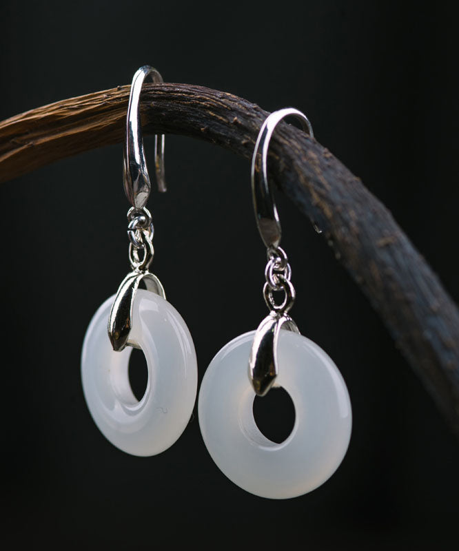 Women Silk Sterling Silver Overgild Jade Safety Buckle Drop Earrings