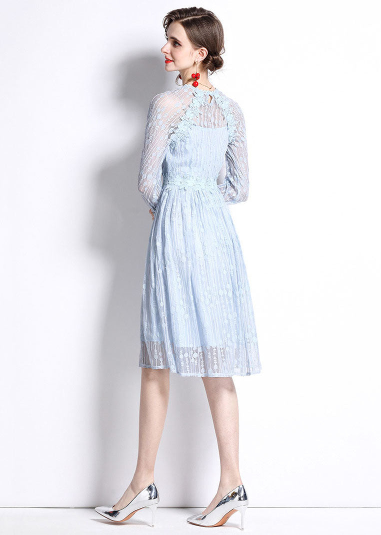 Women Sky Blue Embroideried Wrinkled Patchwork Lace Mid Dress Summer