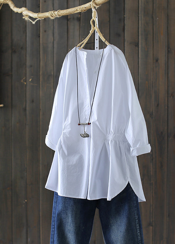 Women Sky Blue Stand Collar Cinched Shirt Tops Long Sleeve