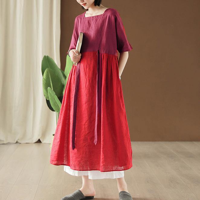 Women Slash neck patchwork cotton linen red Dresses summer - Omychic