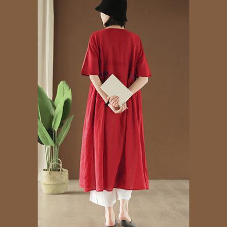 Women Slash neck patchwork cotton linen red Dresses summer - Omychic