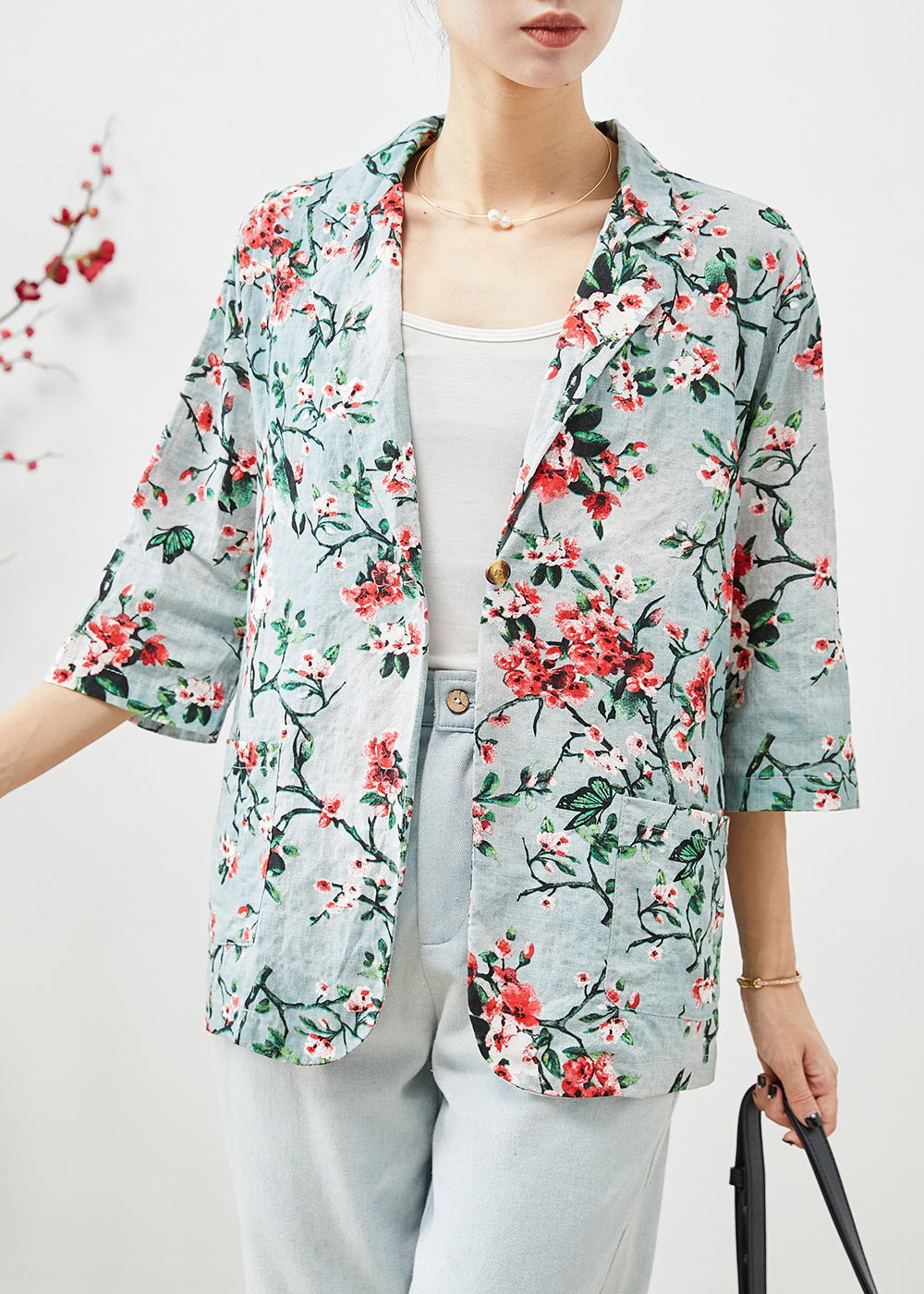 Women Slim Fit Plum Blossom Print Pockets Linen Coats Half Sleeve
