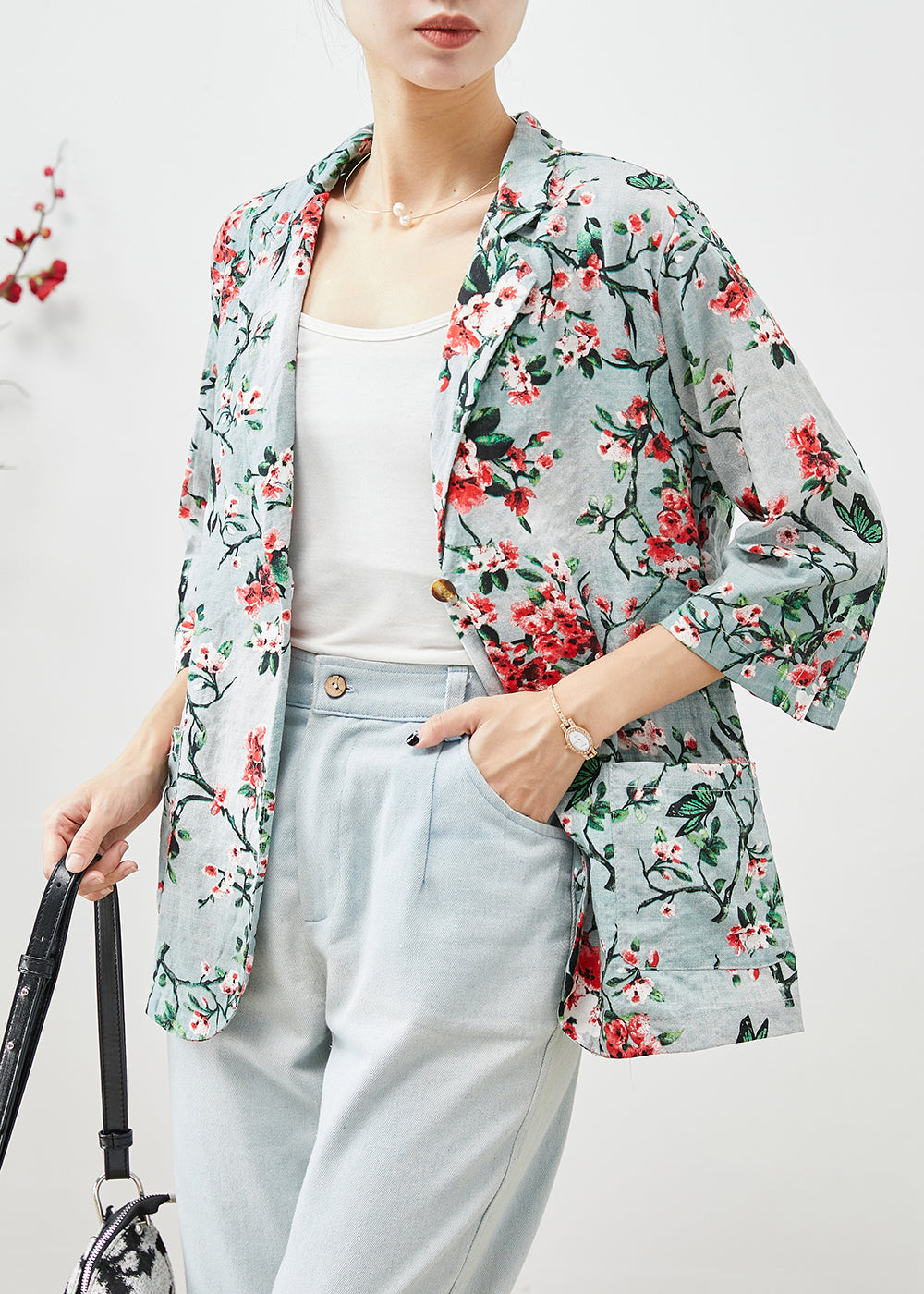 Women Slim Fit Plum Blossom Print Pockets Linen Coats Half Sleeve
