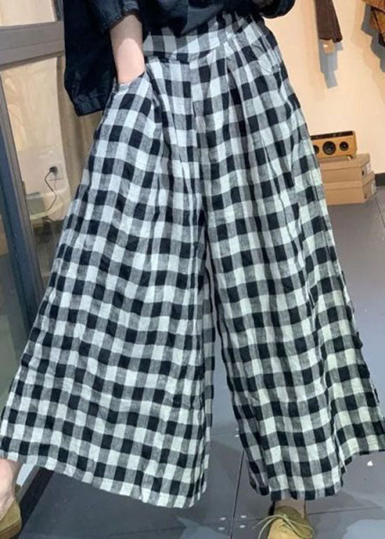 Women Small Plaid Pockets Patchwork Cotton Wide Leg Pants Summer