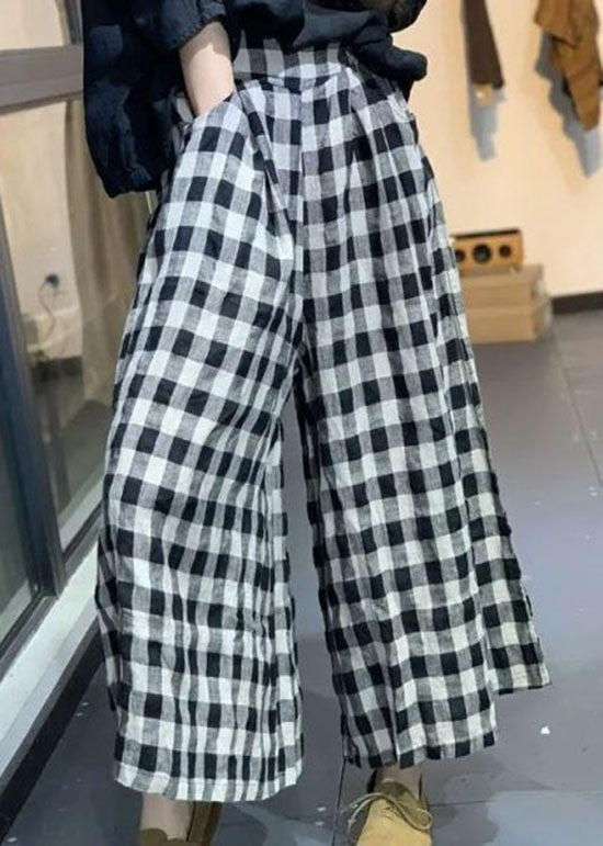 Women Small Plaid Pockets Patchwork Cotton Wide Leg Pants Summer