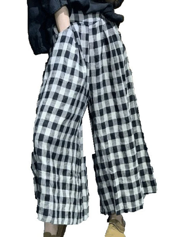 Women Small Plaid Pockets Patchwork Cotton Wide Leg Pants Summer