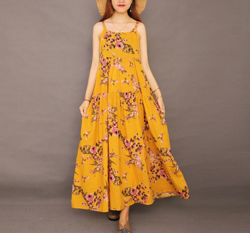 Women Spaghetti Strap Patchwork Cotton Linen Dresses Fashion Yellow Print Dress Summer ( Limited Stock) - Omychic