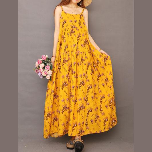 Women Spaghetti Strap Patchwork Cotton Linen Dresses Fashion Yellow Print Dress Summer ( Limited Stock) - Omychic
