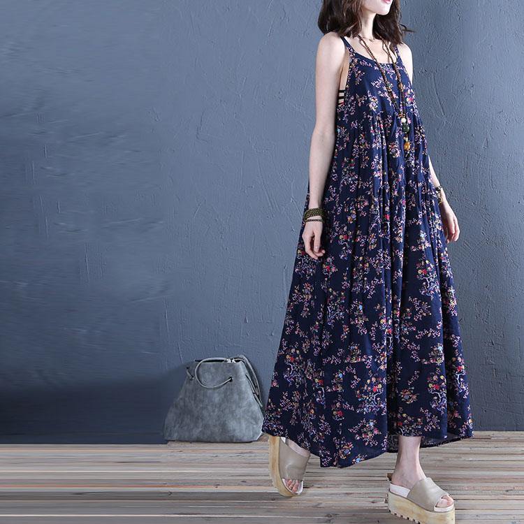 Women Spaghetti Strap wrinkled cotton dresses Work Outfits navy print Dress summer - Omychic