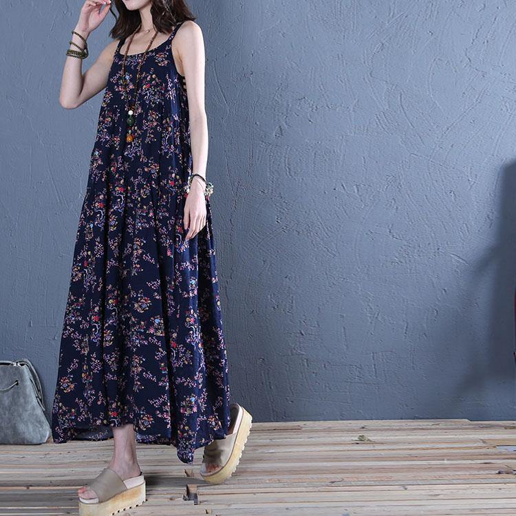 Women Spaghetti Strap wrinkled cotton dresses Work Outfits navy print Dress summer - Omychic