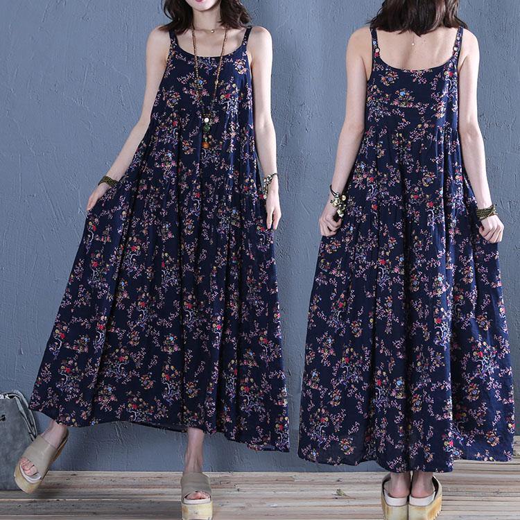 Women Spaghetti Strap wrinkled cotton dresses Work Outfits navy print Dress summer - Omychic