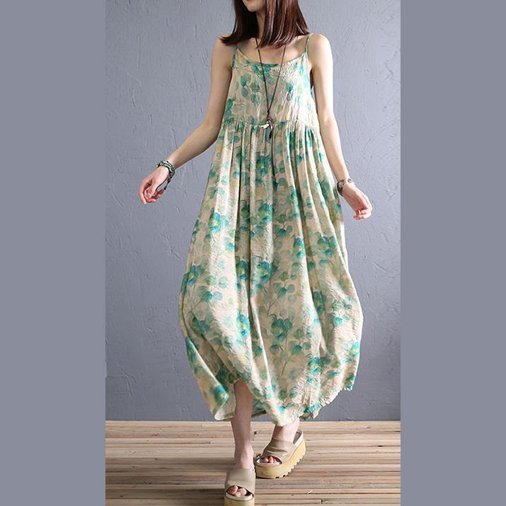 Women Spaghetti Strap wrinkled cotton dresses green print Maxi Dresses summer - Omychic
