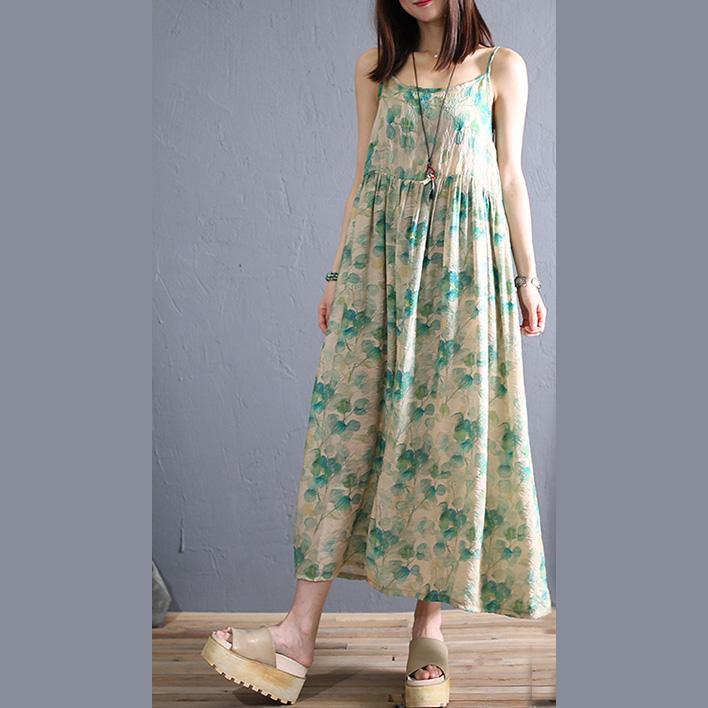 Women Spaghetti Strap wrinkled cotton dresses green print Maxi Dresses summer - Omychic