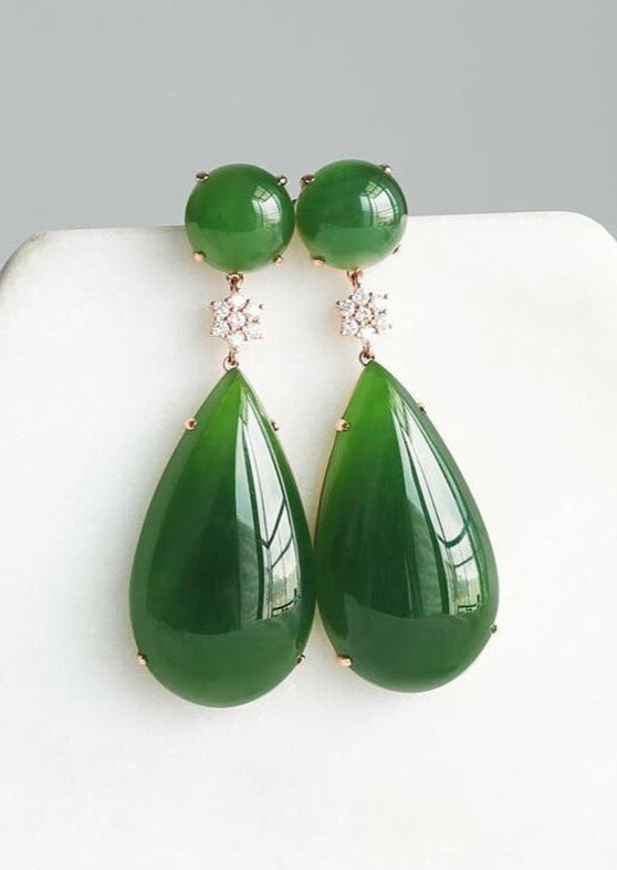 Women Spinach Green Jade Zircon Water Drop Drop Earrings - Omychic