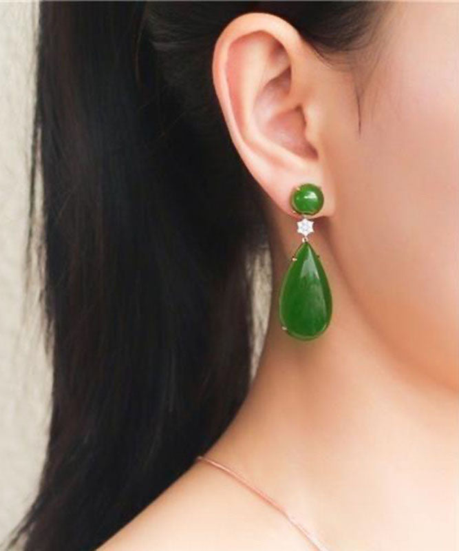Women Spinach Green Jade Zircon Water Drop Drop Earrings - Omychic