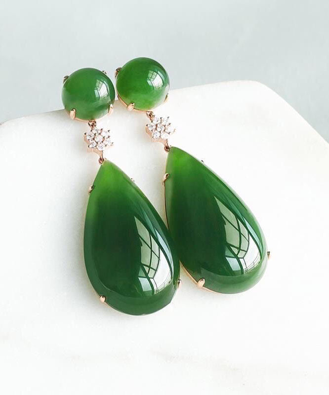 Women Spinach Green Jade Zircon Water Drop Drop Earrings - Omychic