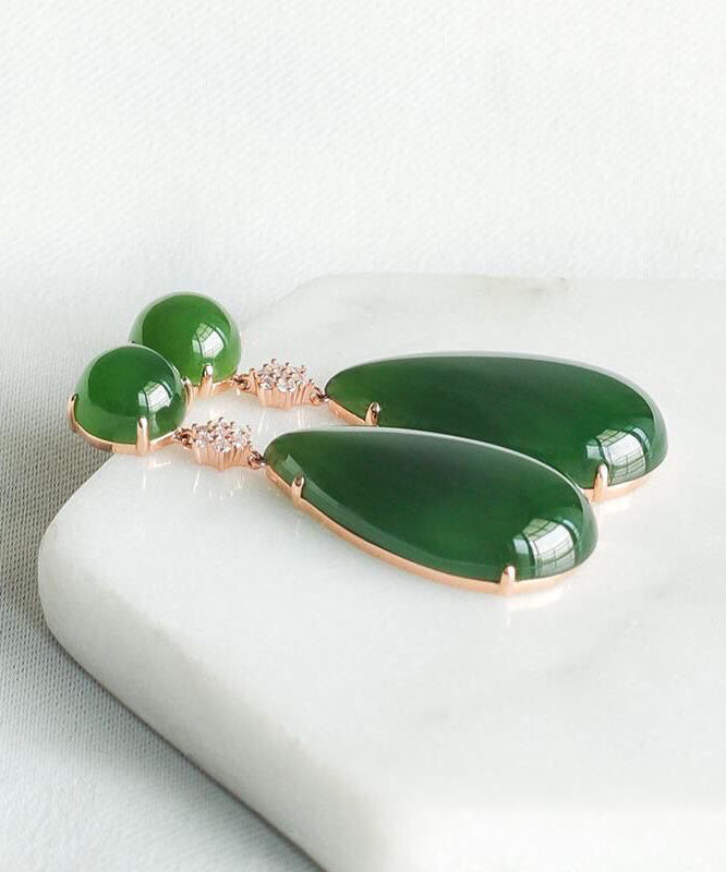 Women Spinach Green Jade Zircon Water Drop Drop Earrings - Omychic