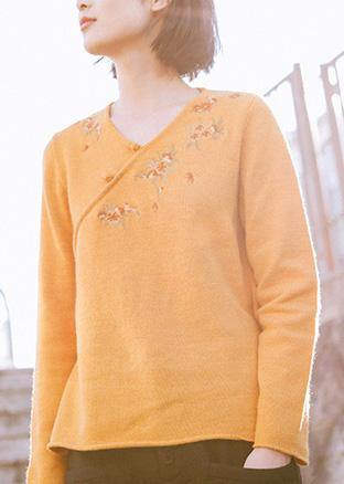 Women Spring Yellow Embroidery Knitwear V Neck Knit Top - Omychic