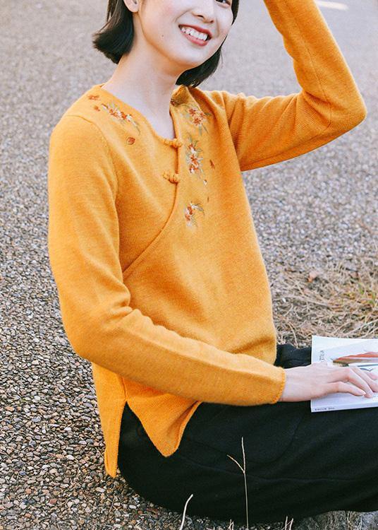 Women Spring Yellow Embroidery Knitwear V Neck Knit Top - Omychic
