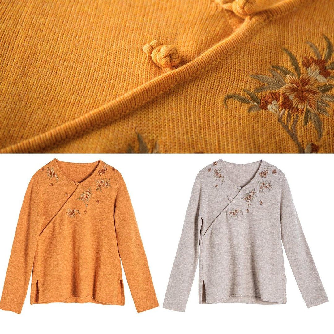 Women Spring Yellow Embroidery Knitwear V Neck Knit Top - Omychic